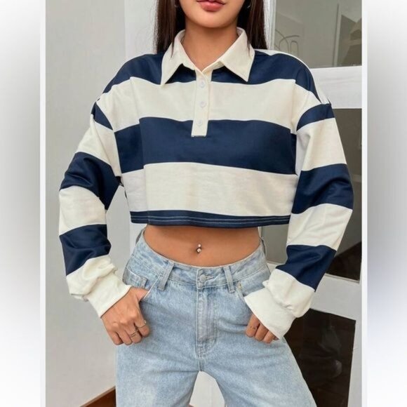 Forever 21 Navy & White Striped Crop Polo Shirt Womens L - Picture 1 of 6